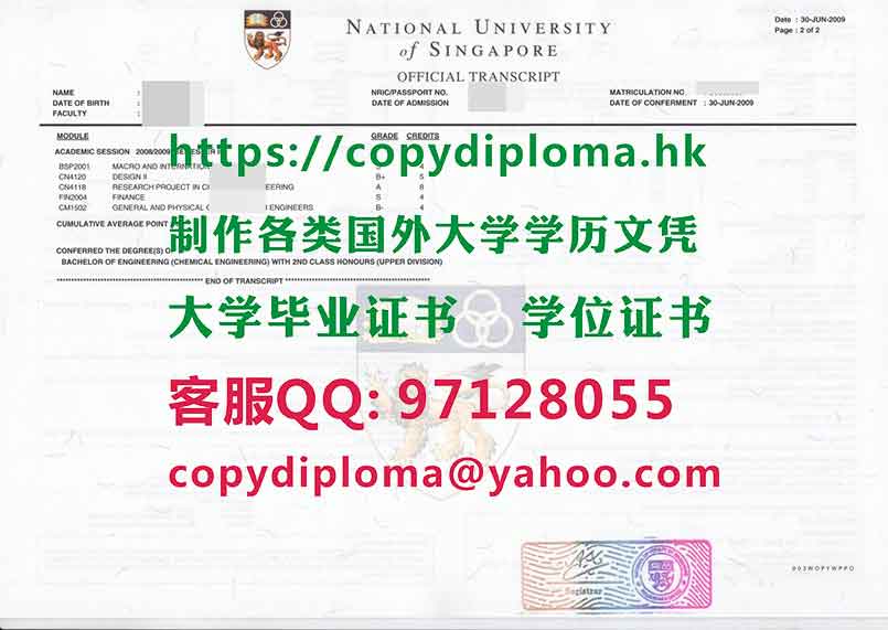 新加坡国立大学成绩单范本